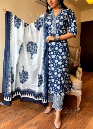 Designer beautiful printed border sequence cotton navy kurti pant dupatta